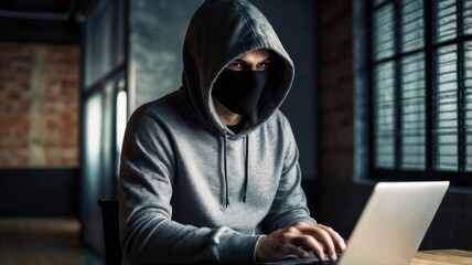 A mysterious hacker wearing a hoodie, face hidden in shadows, typing on a laptop in a dark, moody setting with a glowing screen.

