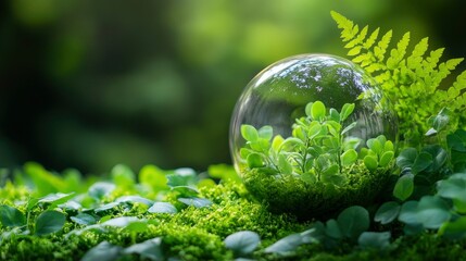 Fragile Ecosystem Green Plants Enclosed in Glass Sphere on Mossy Surface
