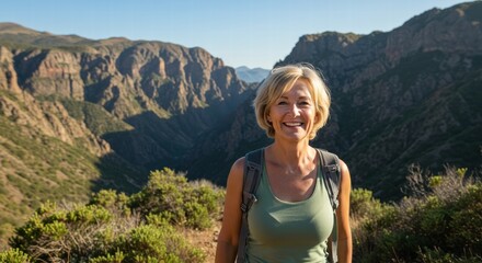 Naklejka premium A woman climbing a mountain while enjoying the beautiful view