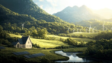 Sustainable Energy  Green House  Solar Panels  Wind Turbines  Rural Landscape