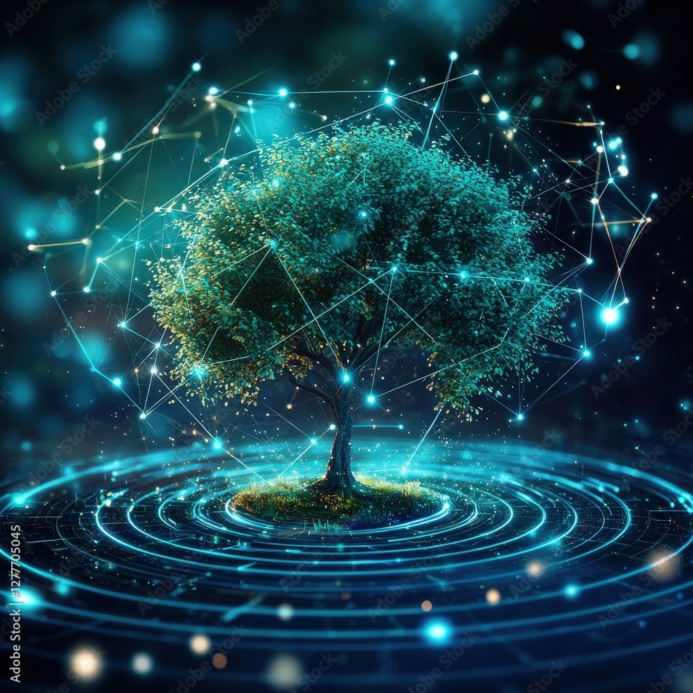 Poster digital tree with networking connections and glowing effects