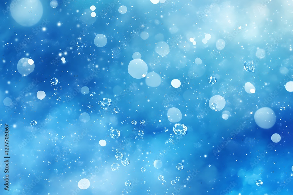Poster water splashes and bubbles on blue background with bokeh effect