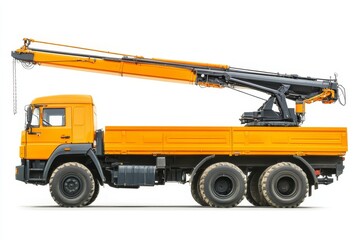 Orange Truck Crane Isolated on White Background - Heavy duty crane truck, isolated on white. Symbolizing construction, logistics, heavy lifting, transport, and industry