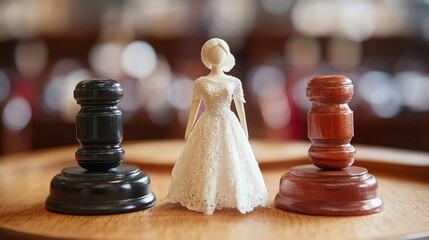 Miniature Bride Between Gavel and Mallet Symbolizing Divorce or Legal Proceedings
