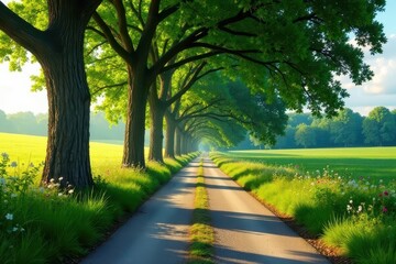 Obraz premium Serene Country Road Lined with Lush Green Trees and Wildflowers on a Sunny Day