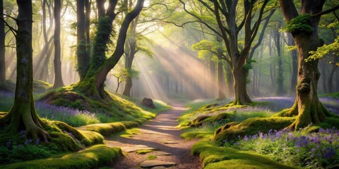 Obraz premium Sunlit Path Through a Mystical Forest, Adorned with Blooming Flowers and Moss-Covered Trees, Creating an Enchanting Scene