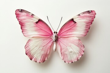 Fototapeta premium Pink Butterfly on White Background - Delicate pink butterfly on white background. Symbolizing beauty, transformation, freedom, grace, and hope