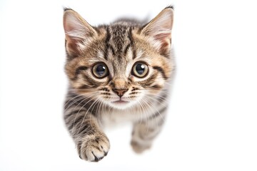 Fototapeta premium Playful Kitten Jumping on White - Adorable tabby kitten pouncing, playful energy, curious gaze, charming feline, white background. Symbolizes: playfulness, curiosity, youth, energy, and companionship