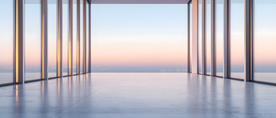 Fototapeta premium Modern Interior with Panoramic View and Sunrise