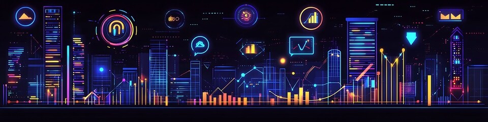 Neon Cityscape Illustrating Technological Growth and Data Analysis