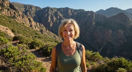 Naklejka premium A woman climbing a mountain while enjoying the beautiful view