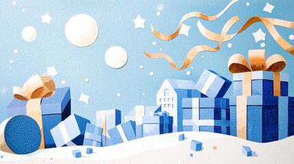 Festive Blue Gifts  Winter Wonderland  Holiday Celebration Illustration