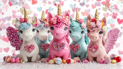 Assorted unicorns with floral heart crowns, love-themed candy, and heart-shaped wings, styled for Valentine's gifts, isolated on white