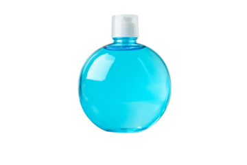 Clear blue liquid in a round bottle on display
