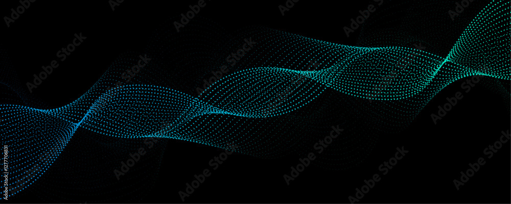 Aufkleber Abstract background design with wavy line pattern in bright blue & black background. Blue technology sound wave flow concept. Blue particle wave of Network connection Cybernetics in Dark Background
