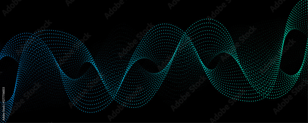 Poster Abstract background design with wavy line pattern in bright blue & black background. Blue technology sound wave flow concept. Blue particle wave of Network connection Cybernetics in Dark Background