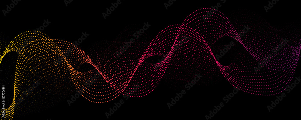 Poster Abstract background design with wavy line pattern in bright pink & black background. Pink technology sound wave flow concept. Pink particle wave of Network connection Cybernetics in Dark Background
