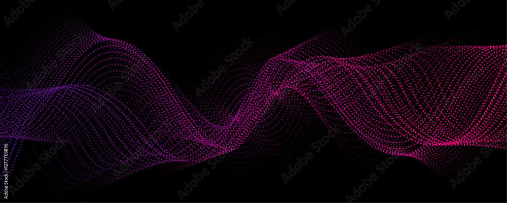 Leinwandbilder Abstract background design with wavy line pattern in bright pink & black background. Pink technology sound wave flow concept. Pink particle wave of Network connection Cybernetics in Dark Background