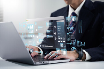 AI content creation tools: Man uses laptop with AI assistant for graphic design, translation, chatbot, image creation, coding, and advertising.