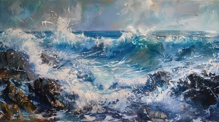 A dramatic capture of sea waves crashing on rocks, creating a splash of white foam,