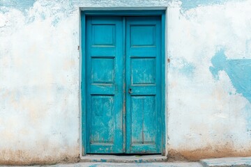 Rustic Blue Door on White Wall - A weathered, teal blue double door set in a whitewashed wall. Symbolism: passage, time, history, simplicity, serenity