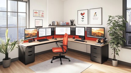 Virtual learning, adaptable study setup with multiple screens, ergonomic workspace, 3D illustration