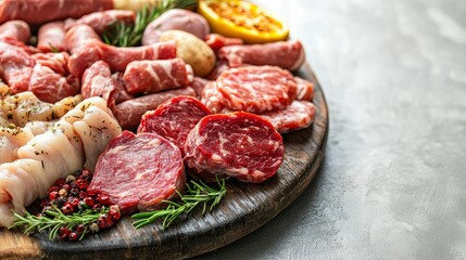 Fototapeta premium Gourmet Charcuterie Board with Assorted Meats, Herbs, and Spices