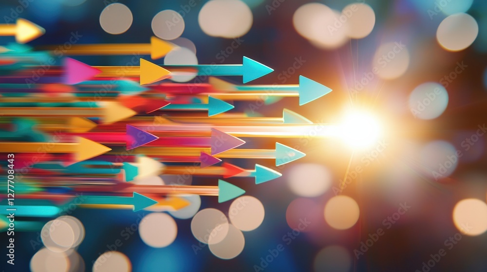 Poster dynamic arrows with bokeh background in vibrant colors