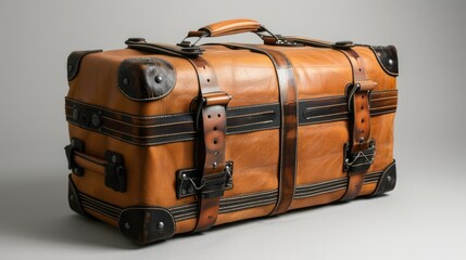 A durable and secure travel suitcase with straps, ideal for rugged journeys,
