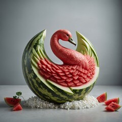A unique watermelon carving in the shape of a swan, set on a white surface.