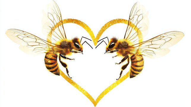 Bees in love forming a heart shape as they fly together, golden yellow glow, clean vector style, isolated on white