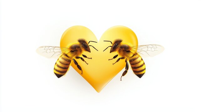 Bees in love forming a heart shape as they fly together, golden yellow glow, clean vector style, isolated on white