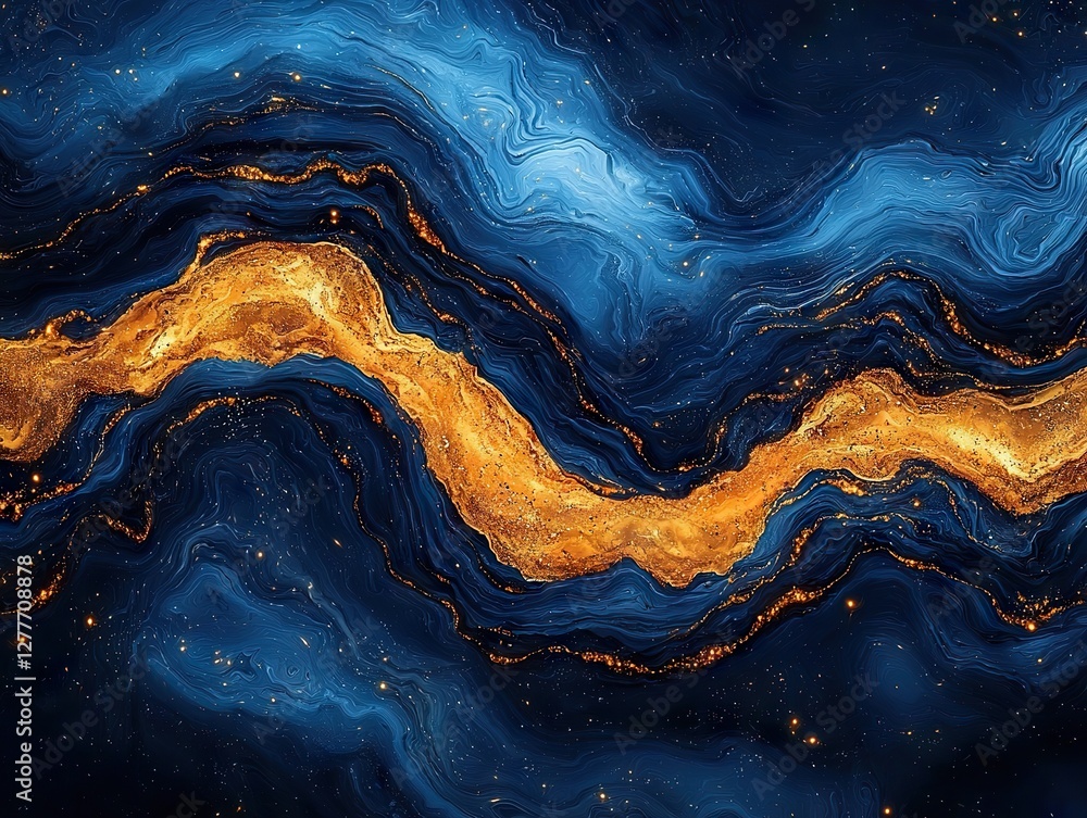 Poster dynamic abstract waves of blue and gold in cosmic art digital creation vibrant color palette surreal