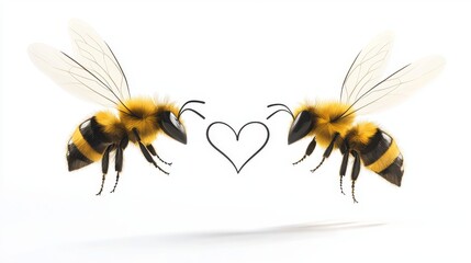 Cartoon-style bees flying in pairs, forming heart shapes with their flight trails, cut out and isolated on a clean white surface