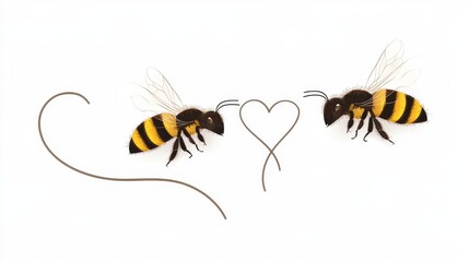 Cartoon-style bees flying in pairs, forming heart shapes with their flight trails, cut out and isolated on a clean white surface