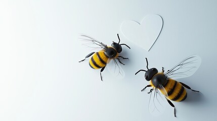Cartoon-style bees flying in pairs, forming heart shapes with their flight trails, cut out and isolated on a clean white surface