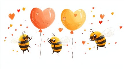 Cartoon-style bees holding neon heart balloons, surrounded by tiny honey drops shaped like hearts, isolated on white background