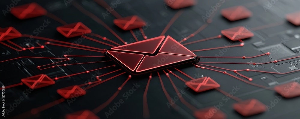 Poster red email icon surrounded by digital circuits and connections on dark background for technology conc