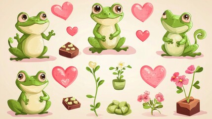 Cartoon-style frog prince set featuring various expressions and romantic accessories like heart garlands, chocolates, and flowers