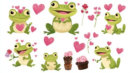 Cartoon-style frog prince set featuring various expressions and romantic accessories like heart garlands, chocolates, and flowers