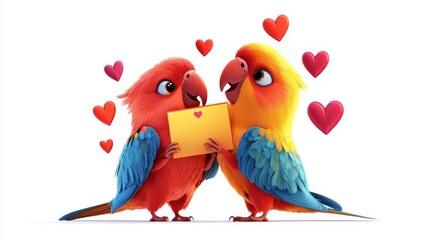 Cartoon-style lovebirds holding Valentine's cards in their beaks, playful expression, bright and colorful, cut-out on white