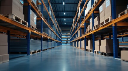 A spacious warehouse filled with stacked boxes on shelves, showcasing organized storage and efficient logistics.