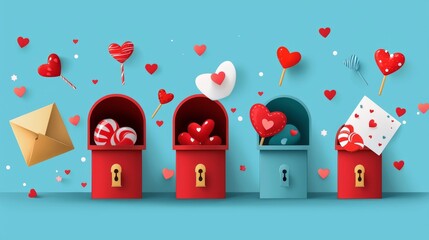 Cartoon-style Valentine's mailboxes with playful doodle hearts, candy motifs, bold colors, clean cut out