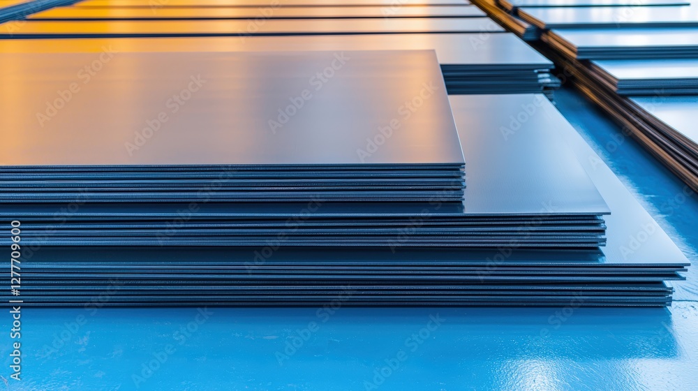 Poster a stack of flat metal sheets arranged neatly on a surface, showcasing their smooth texture and unifo