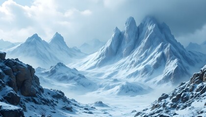 Obraz premium Snowy Mountain Range Landscape Winter Scene Digital Art