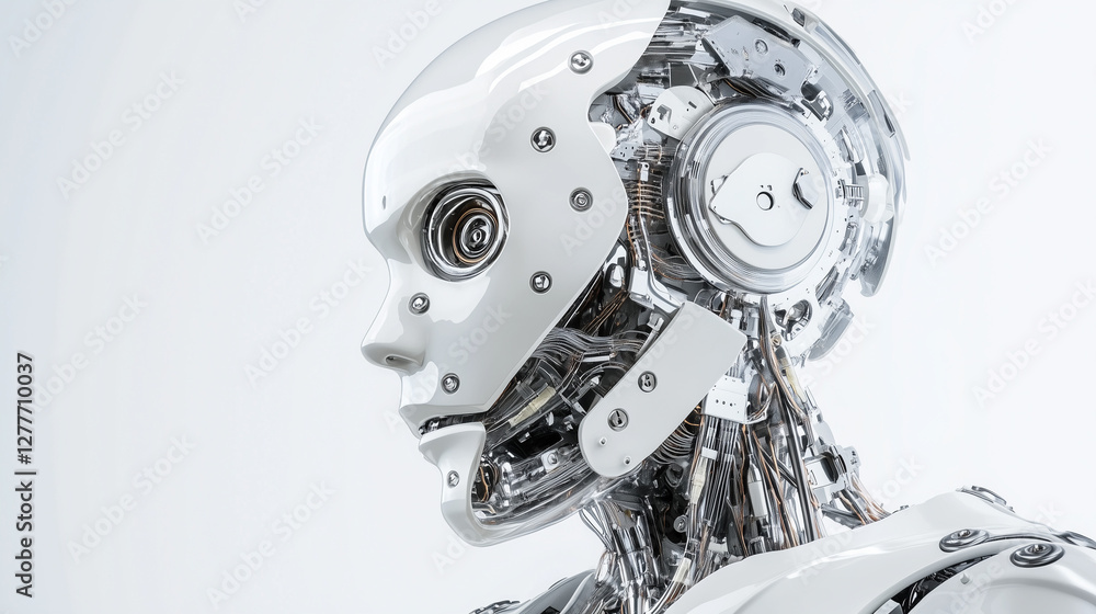 Poster the future is now: a gleaming, futuristic robot head, embodying the cutting edge of technology. it f