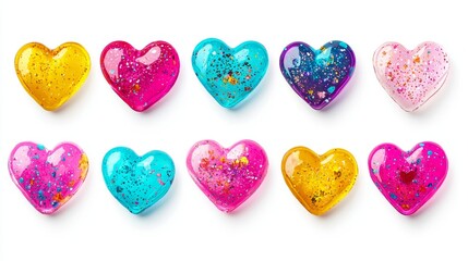 Fototapeta premium Collection of colorful candy hearts featuring neon-inspired shades and bold Valentine's text, isolated cleanly on a white background