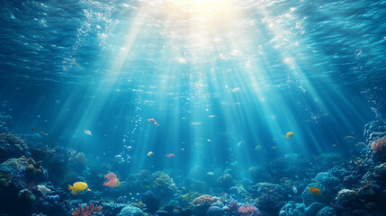 Fototapeta premium Sunlit Depths: Explore the mesmerizing world beneath the waves with vibrant marine life. The scene is bathed in radiant sunlight filtering through the water. 