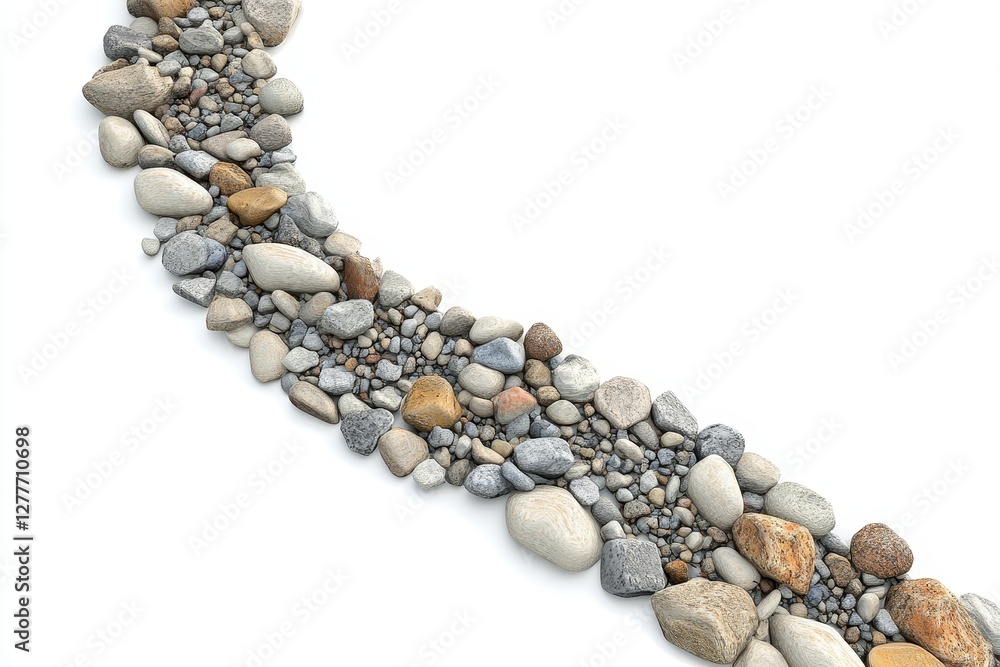 Poster Stone Path on White Background - A curving path of various sized and colored stones on a clean white background