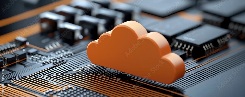 Poster modern cloud computing concept with orange cloud overlaid on circuit board for technology background